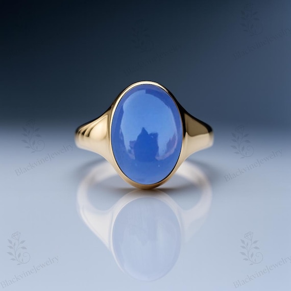 Blue Chalcedony Signet Ring 925 Silver Blue Chalcedony Gemstone Ring Oval Shape Blue Chalcedony Unisex Ring 14k Gold Statement Signet Ring