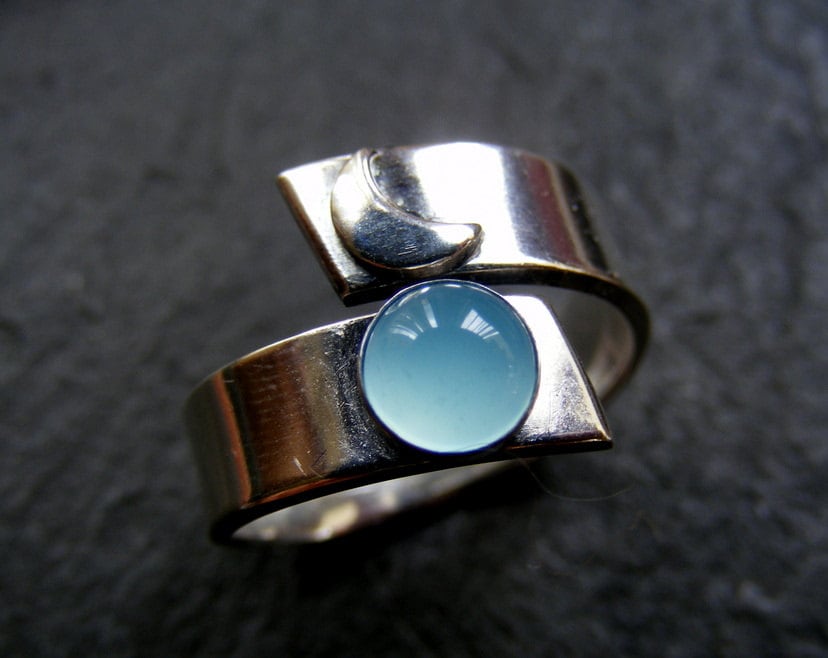 Silver Crescent Moon Ring With Blue Chalcedony Wraparound Moon Ring