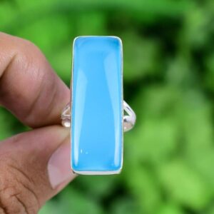 Blue Chalcedony Sterling Silver Ring: Long Rectangle Boho Statement