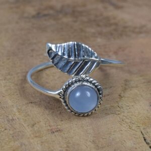 Blue Chalcedony Sterling Silver Ring: Feather Leaf Adjustable Band
