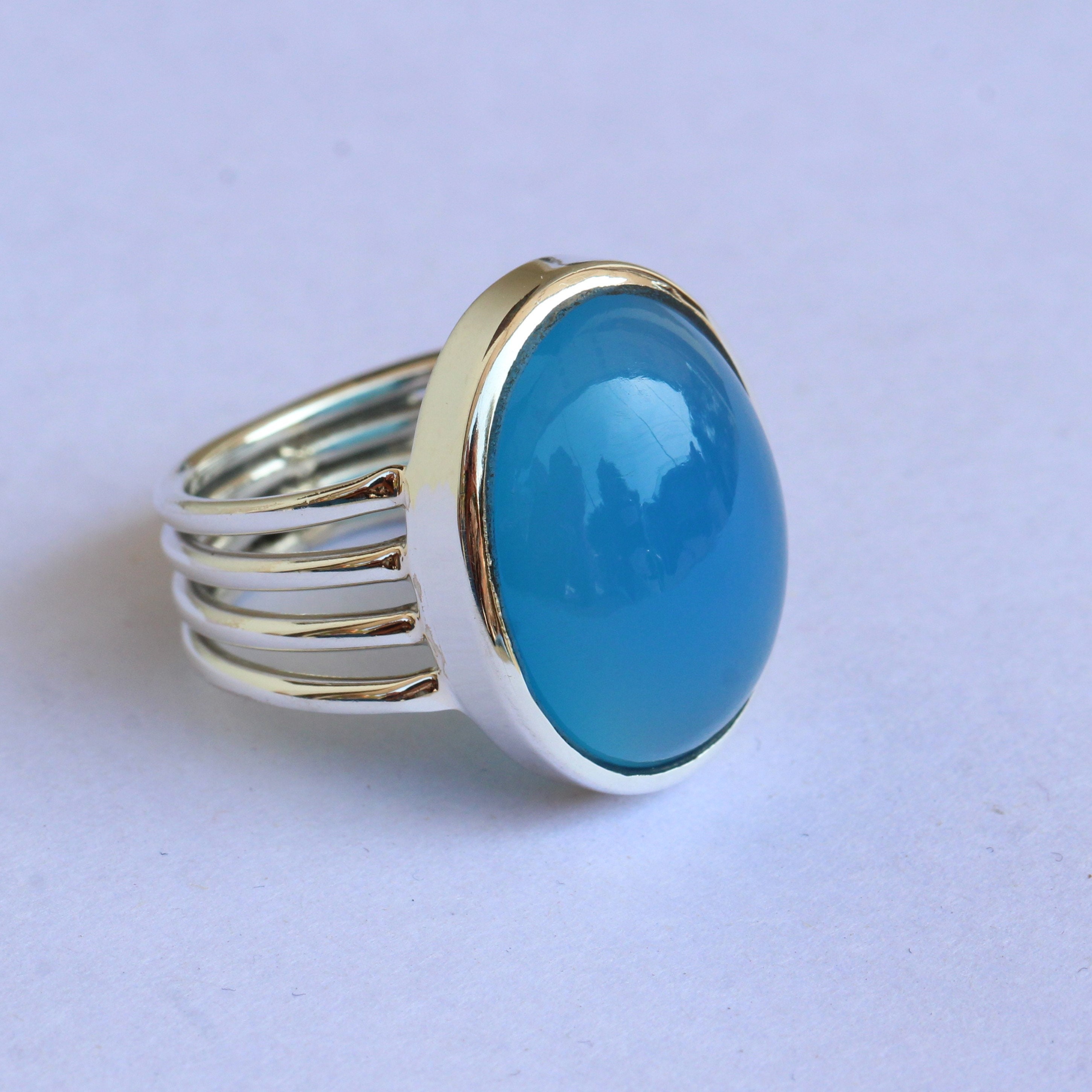 Blue Chalcedony Sterling Silver Ring, Oval Gemstone