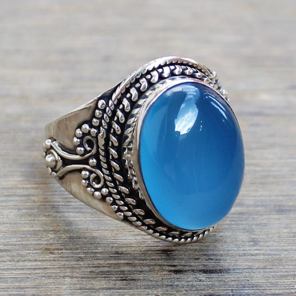 Blue Chalcedony Ring, Sterling Silver Jewelry, Wedding Rings, Dainty Jewelry, Ocean Color Gemstone, Chalcedony Cabochons, Gift For Her