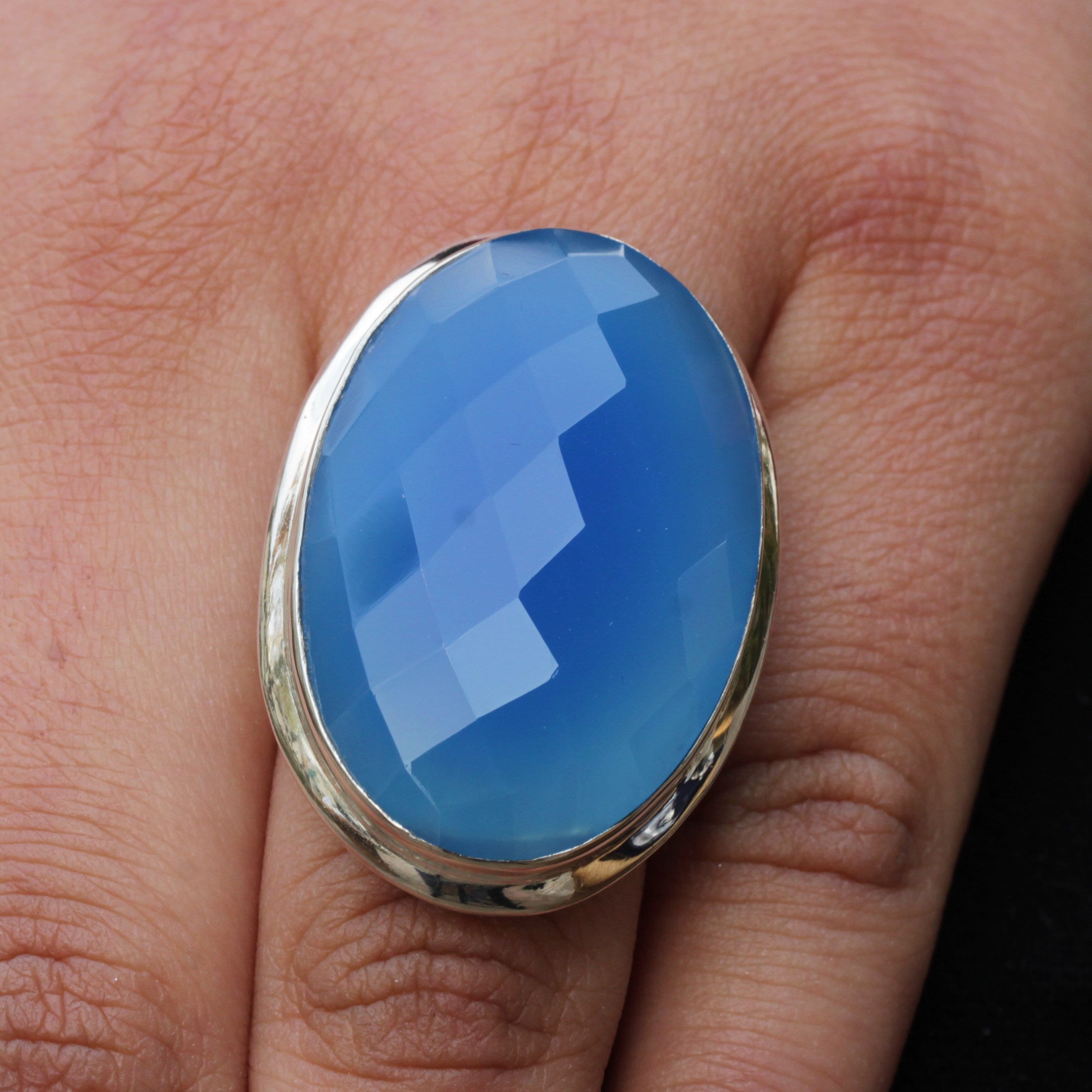 Blue Chalcedony Ring: Sterling Silver Faceted Gemstone, Boho Jewelry