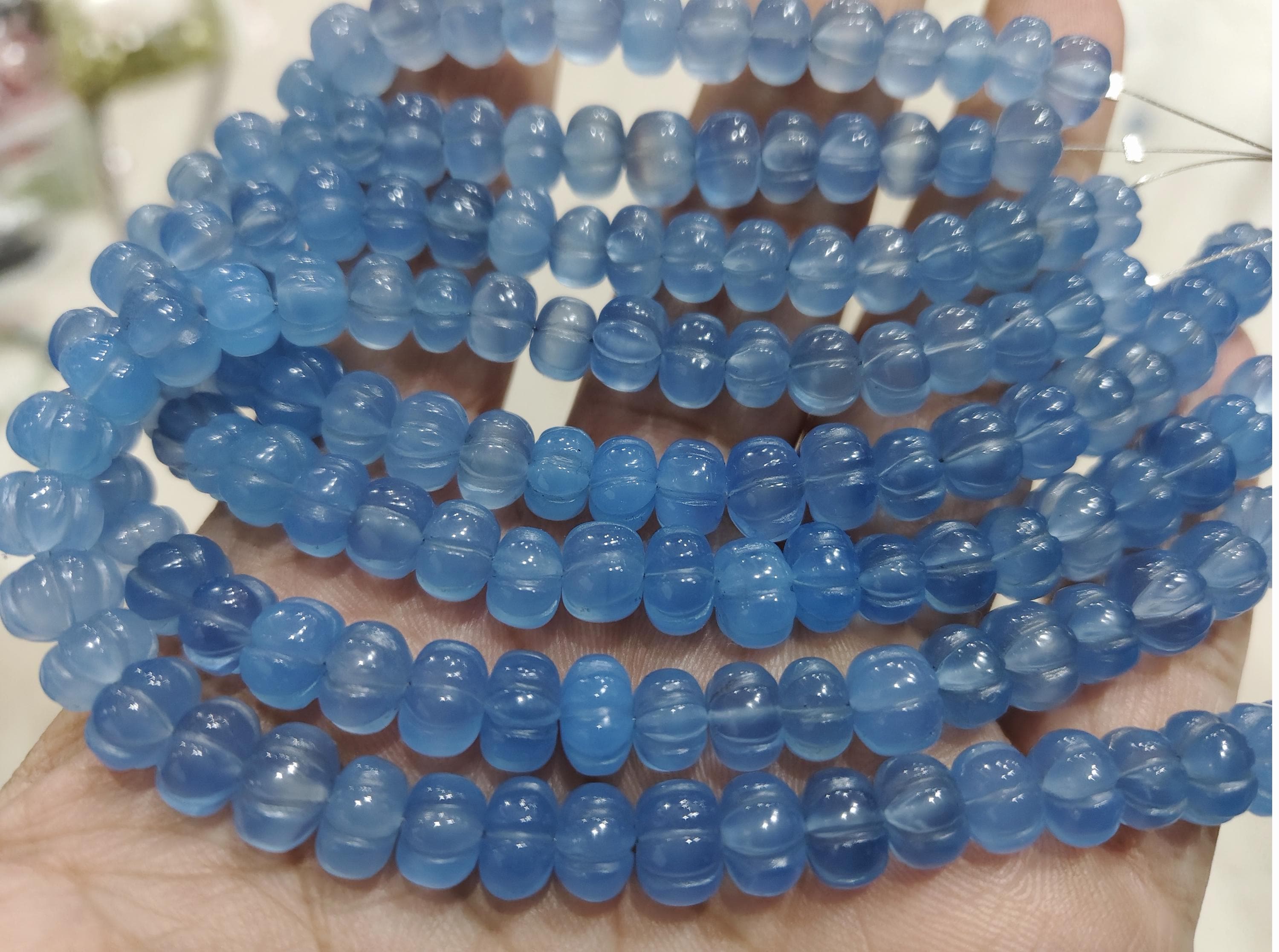 8 Inch Strand, Blue Chalcedony Smooth Carved Melon Shape Rondelles, Size. 7-8mm