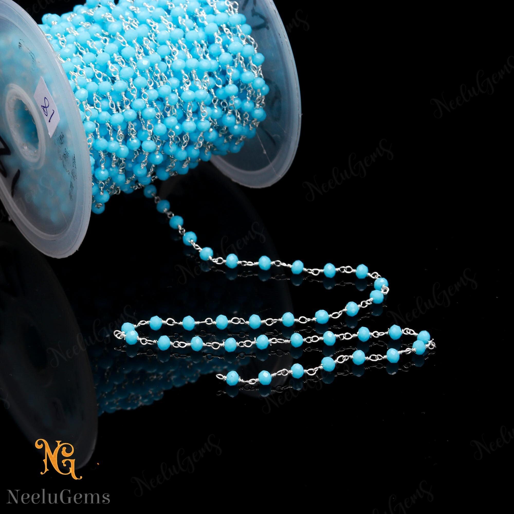 Beautiful Blue Chalcedony Hydro Rondelle Beads Chain,3 Mm Silver Plated Wire Wrap Microcut Beaded Chain,rosary Chain For Handmade Jewelry