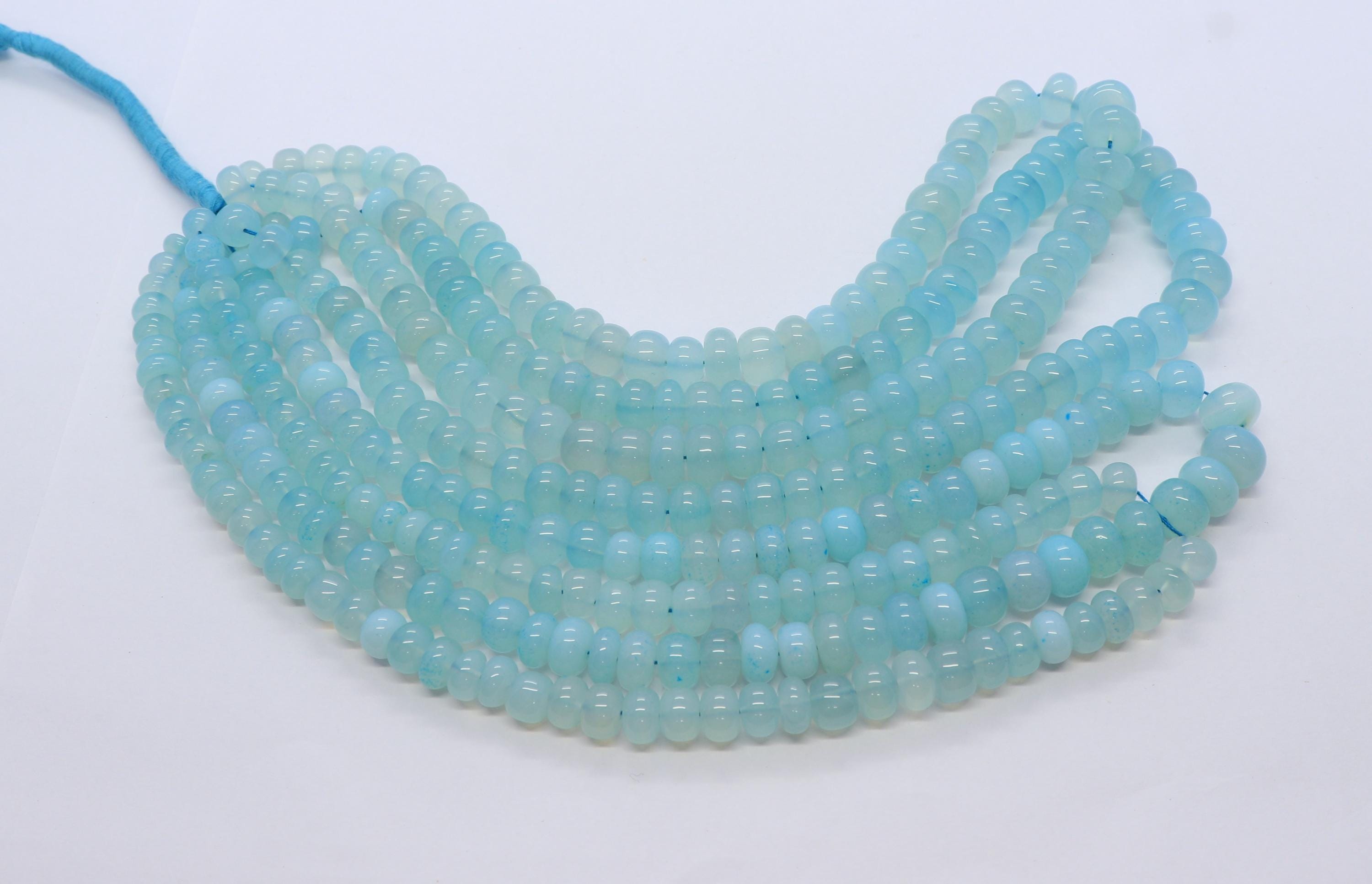 Natural Aqua Blue Chalcedony Smooth Rondelle Shape Beads, 7-10 Mm Chalcedony Rondelle Gemstone Beads, 16 " Aqua Chalcedony Smooth Beads