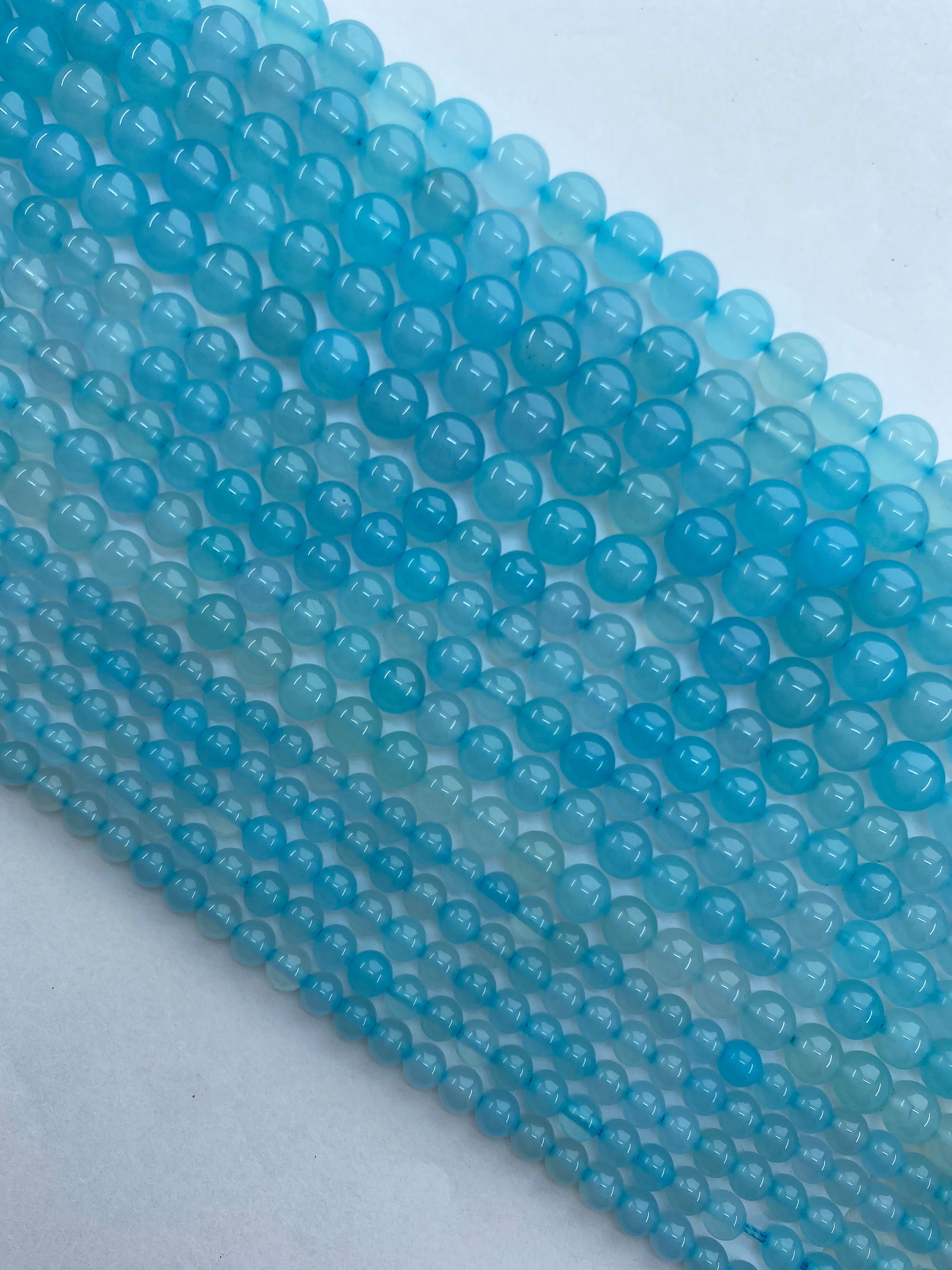 Aqua Blue Chalcedony Gemstone Beads. Full 15" Strand Of Nice Quality Round Beads, 6mm-12mm Available. Soft Blue Translucent Stone.