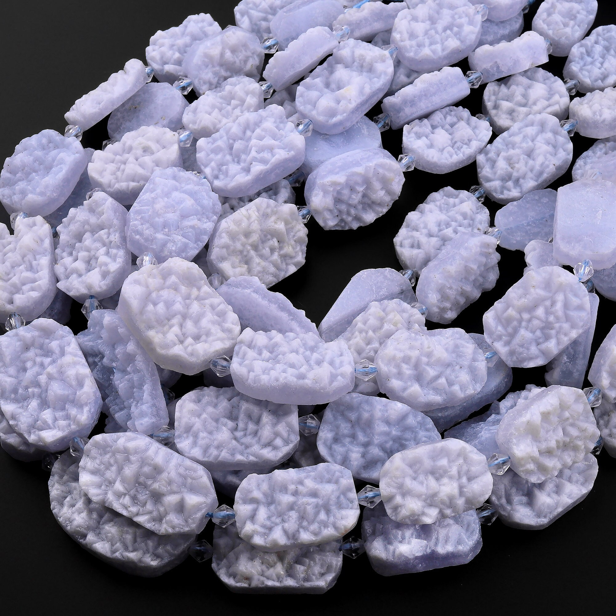 Rare Natural Blue Chalcedony Druzy Drusy Beads Hand Cut Rounded Rectangle Sparkling Crystals 15.5" Full Strand
