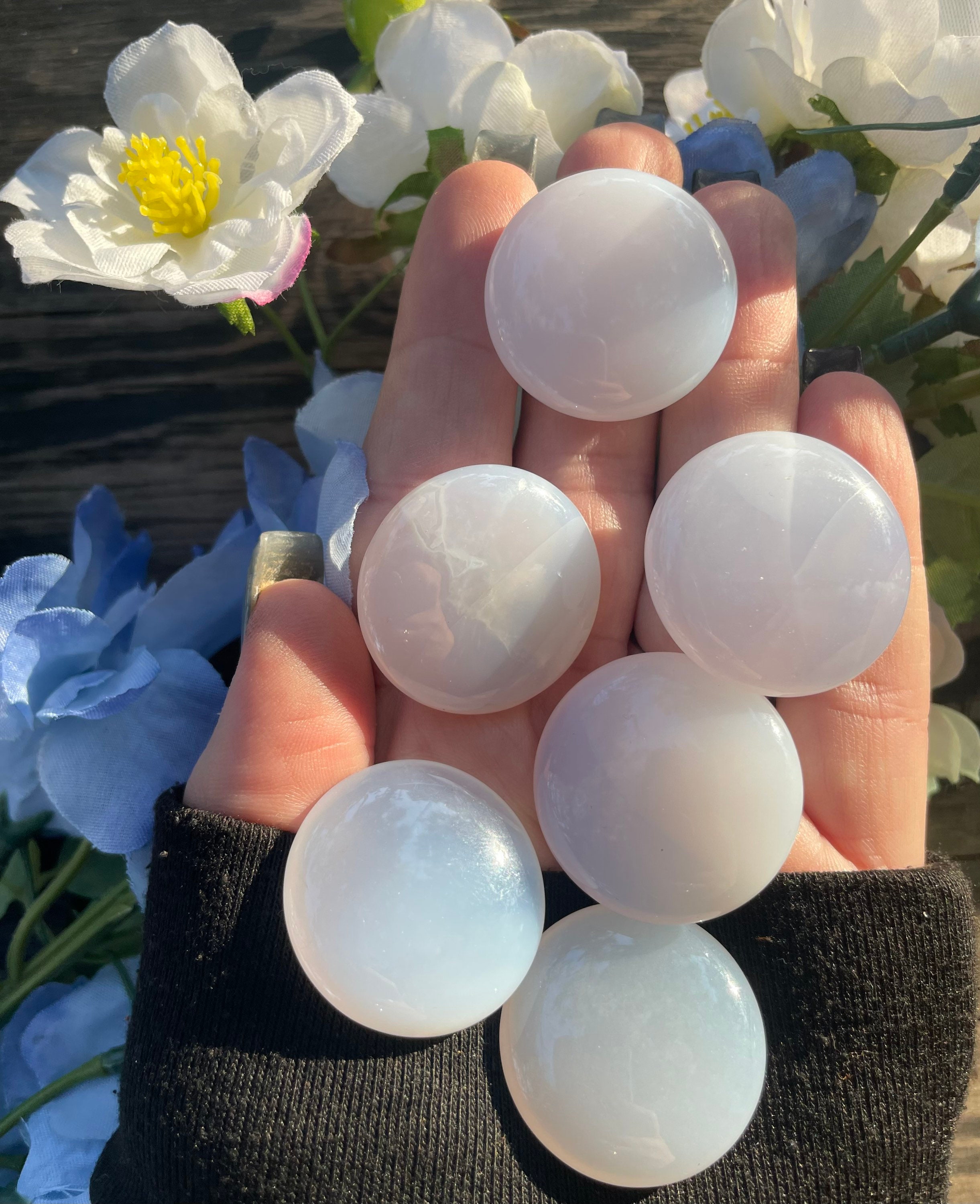 Blue Chalcedony Round, Blue Chalcedony Flat Palm, Qty. 1, Round Pocket Stone Blue Chalcedony Round, Blue Chalcedony Flat Palm, Qty. 1, Round Pocket Stone