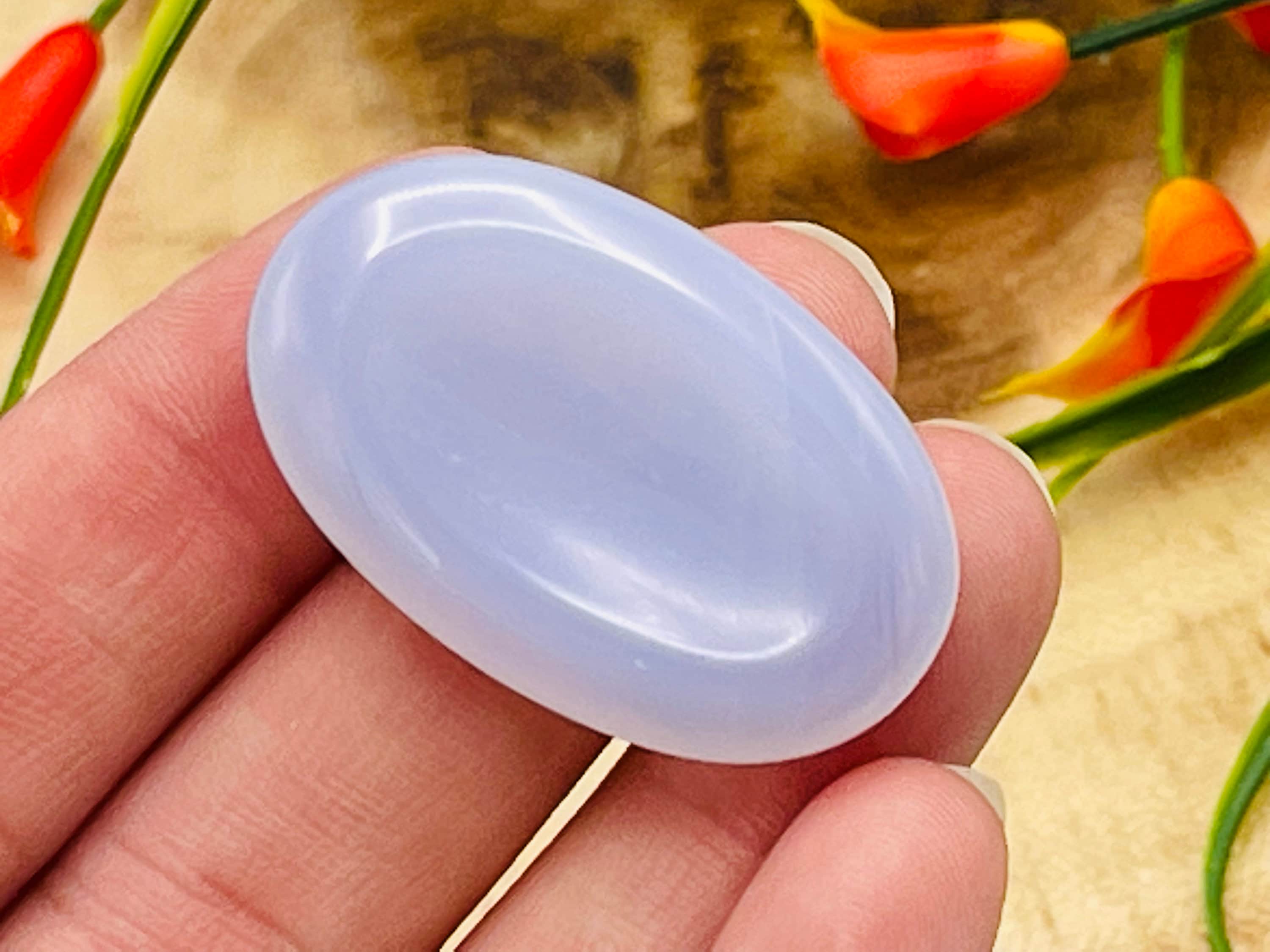 Blue Chalcedony Worry Thumb Stone, Polished Healing Pocket Crystal, Throat Chakra