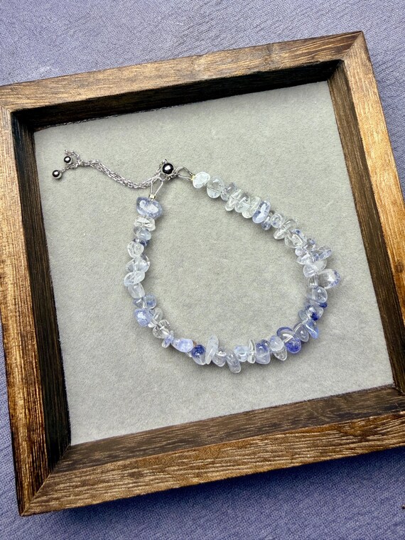Blue Crystal Chip Bracelet With Natural Dumortierite Gemstones And Sterling Silver Adjustable Minimalist Jewelry, Unique Gift For Her