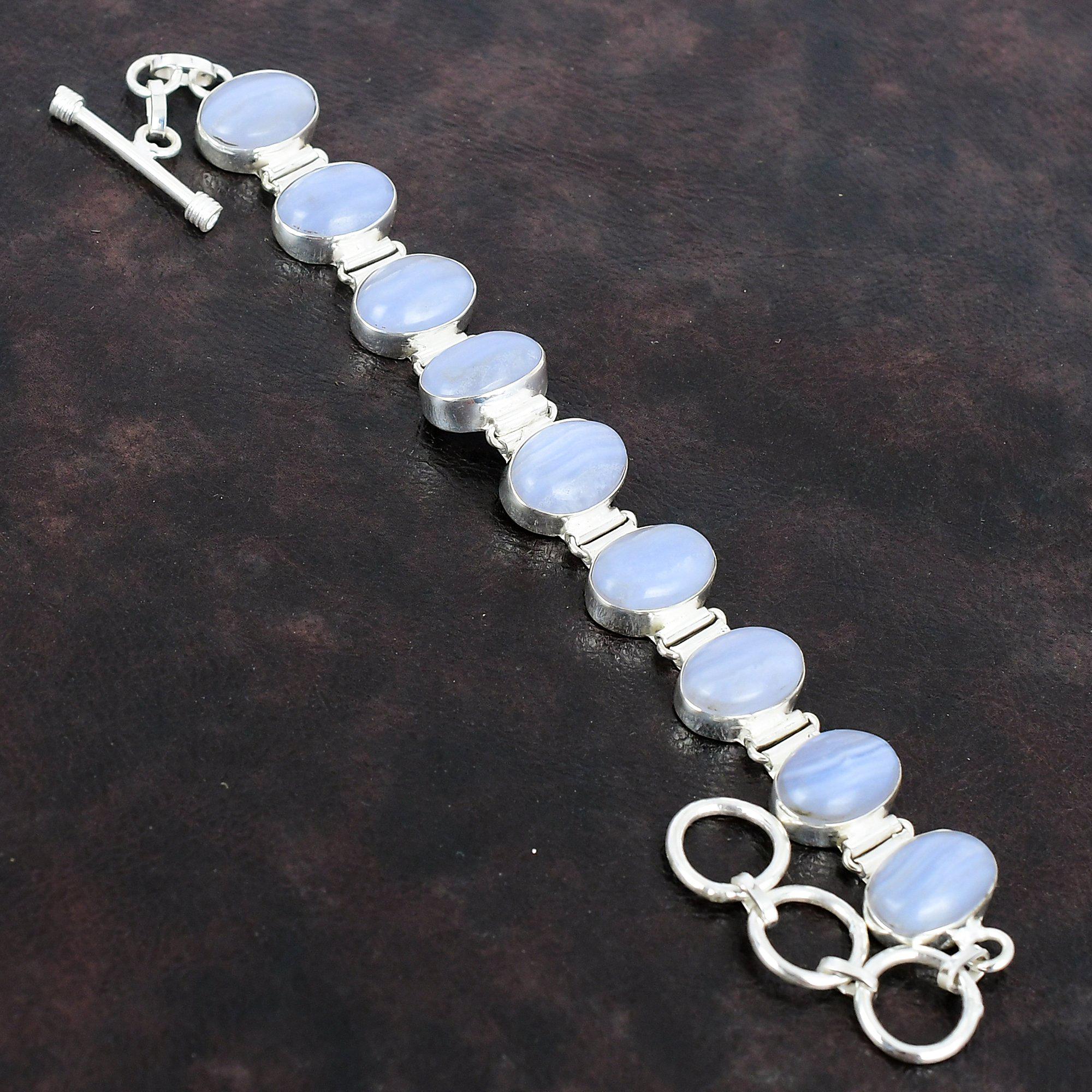 Blue Lace Agate 925 Sterling Silver Bracelet - Adjustable Gemstone Jewelry