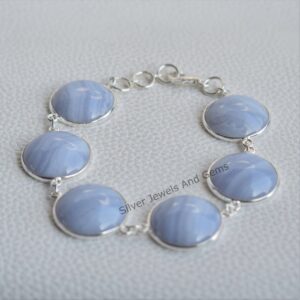 Blue Lace Agate Bracelet, 925 Sterling Silver Bezel Bracelet, Wedding Gift, Round Agate Bracelet, Handmade Bracelet, Gift For Her