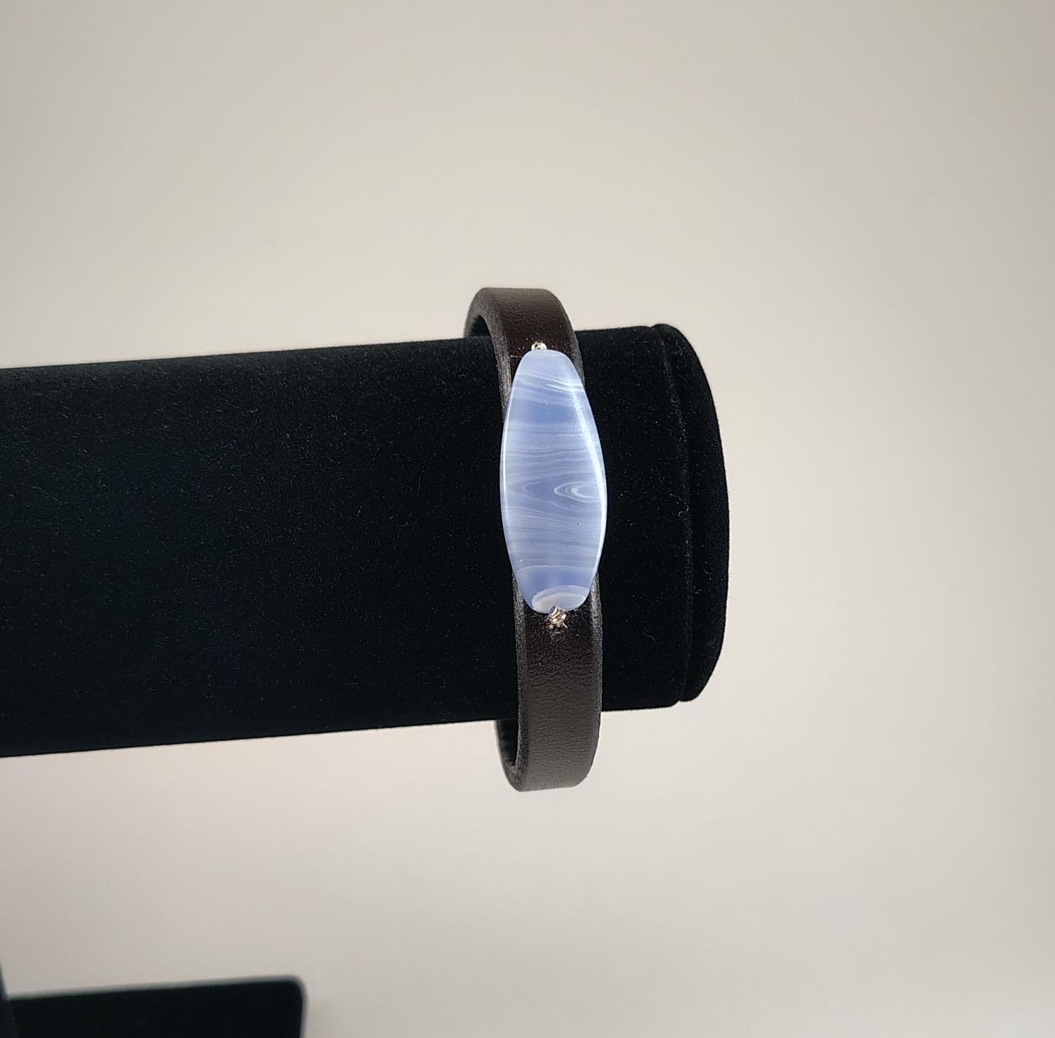Blue Lace Agate And Leather Bracelet Handmade By Chris Hay