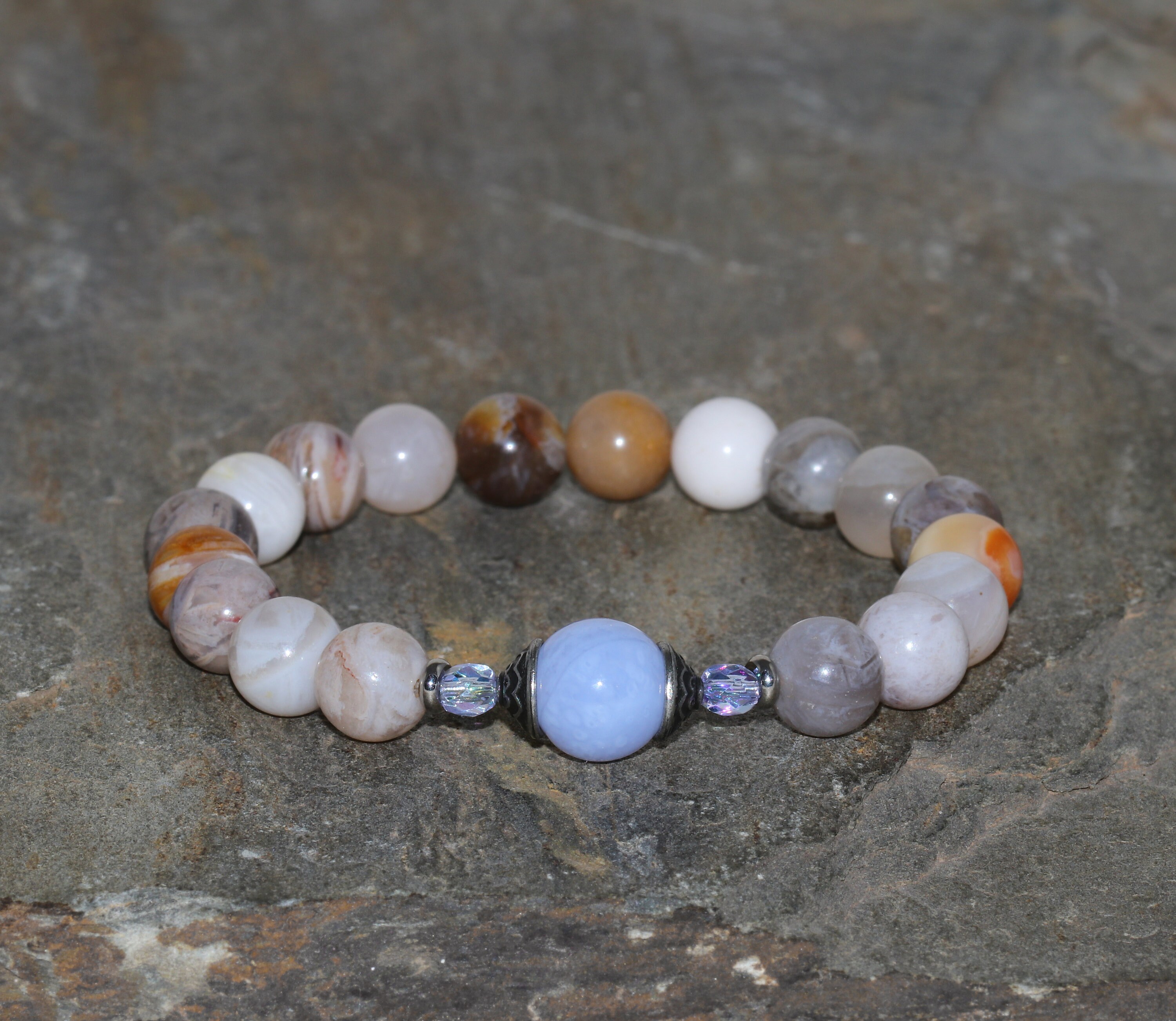 Bamboo Agate And Blue Lace Agate Beaded Bracelet, Gemstone Jewelry