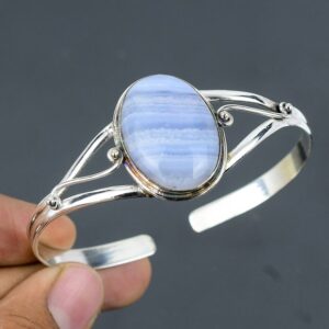 Blue Lace Agate Bangle: Handmade 925 Sterling Silver Cuff Blue Lace Agate Bangle: Handmade 925 Sterling Silver Cuff