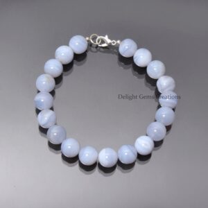 Blue Lace Agate Beaded Bracelet - 10mm Smooth Round Beads - Sterling Silver Clasp Blue Lace Agate Beaded Bracelet - 10mm Smooth Round Beads - Sterling Silver Clasp