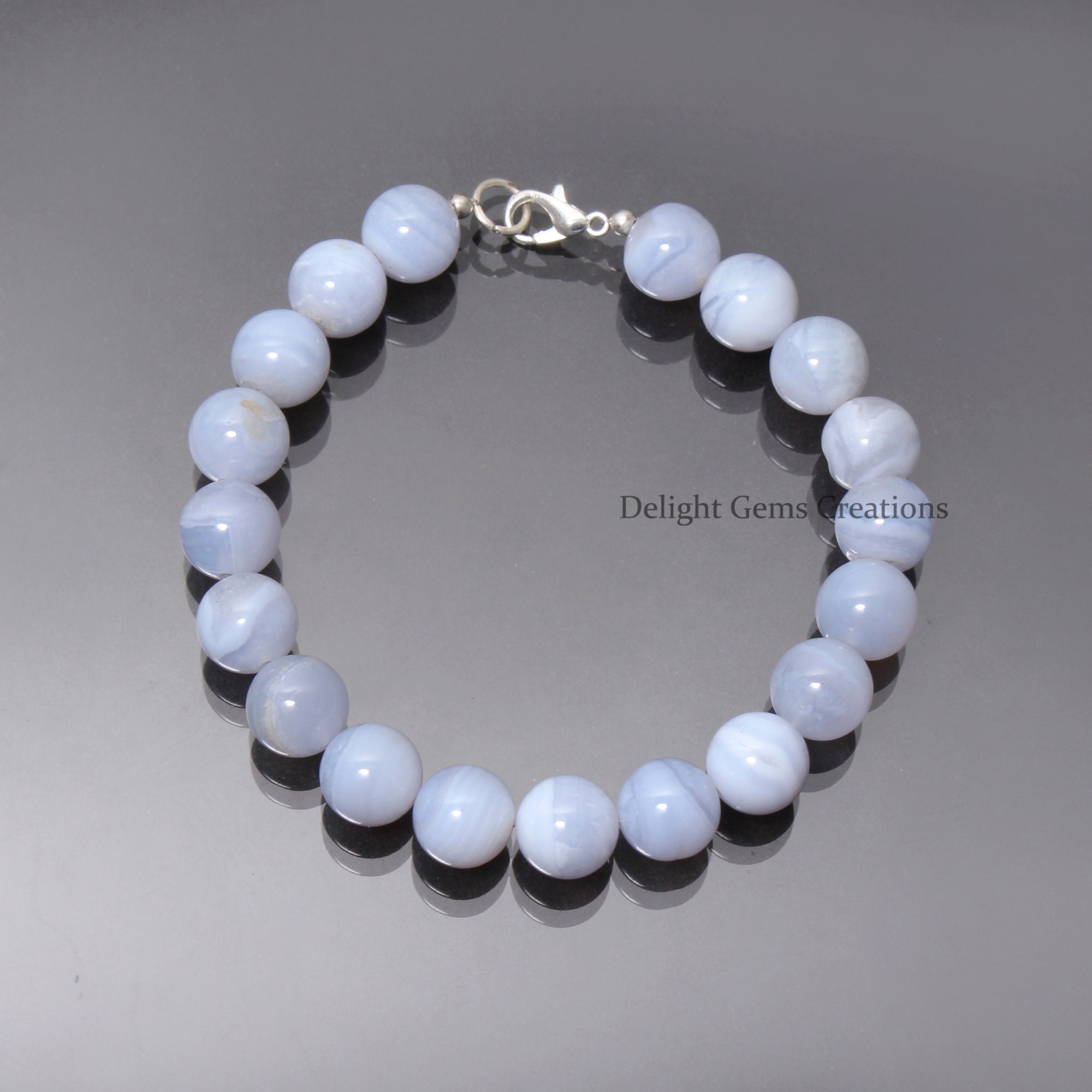 Blue Lace Agate Beaded Bracelet - 10mm Smooth Round Beads - Sterling Silver Clasp Blue Lace Agate Beaded Bracelet - 10mm Smooth Round Beads - Sterling Silver Clasp