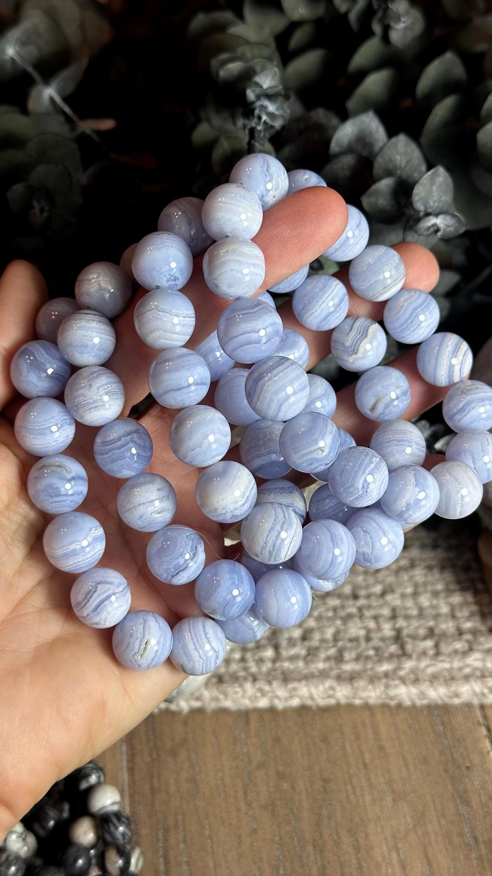 Blue Lace Agate Crystal Beaded Bracelet, 13mm 14mm Blue Lace Agate Crystal Beaded Bracelet, 13mm 14mm