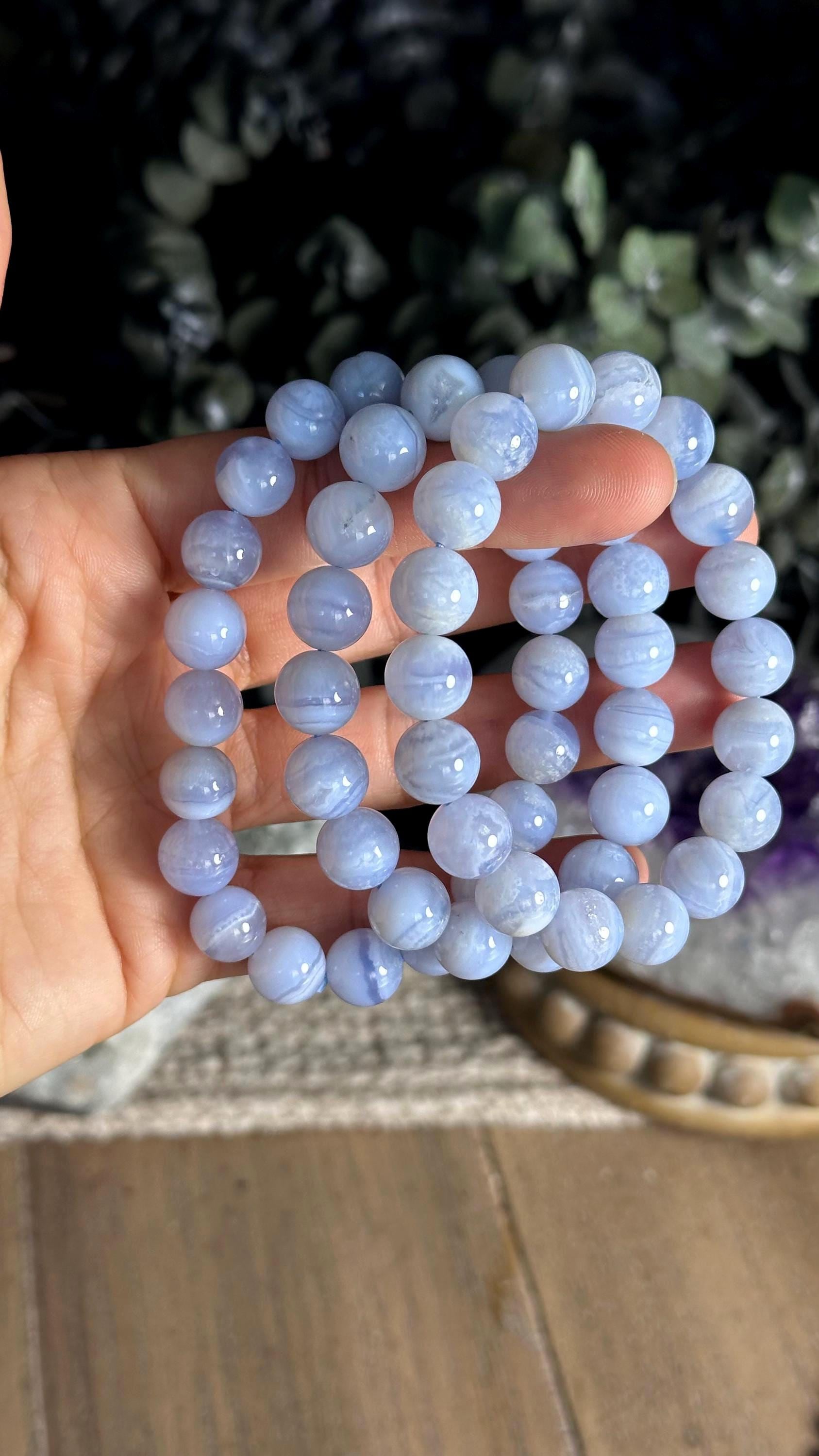Blue Lace Agate Crystal Beaded Bracelet, 10mm
