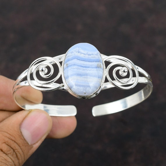 Blue Lace Agate Cuff Bracelet: Handmade 925 Sterling Silver Bangle