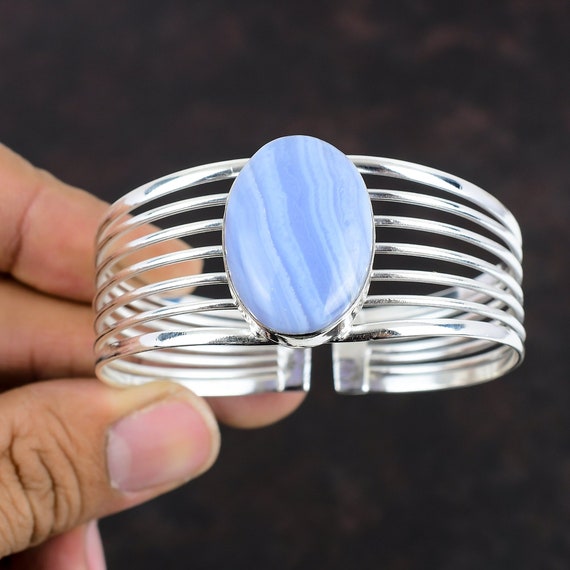 Blue Lace Agate Cuff Bracelet: Handmade 925 Sterling Silver Bangle