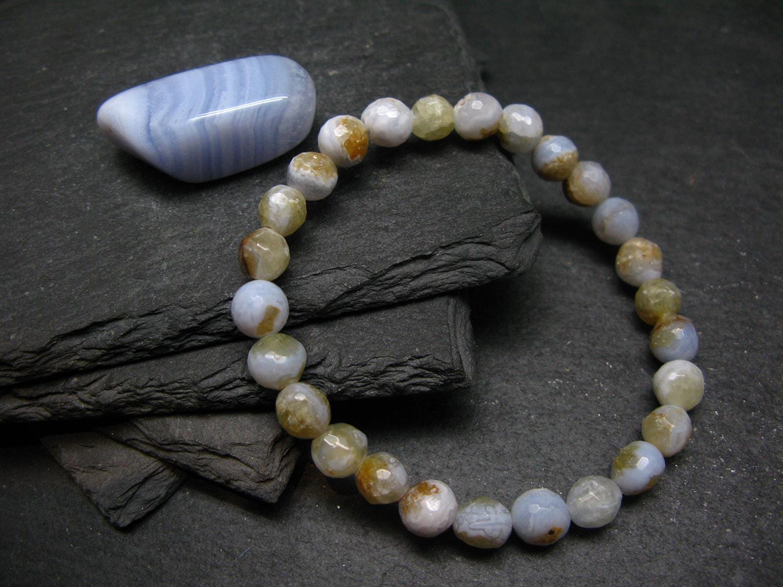 Blue Lace Agate Genuine Bracelet ~ 7 Inches ~ 8mm Round Facetted Beads Blue Lace Agate Genuine Bracelet ~ 7 Inches ~ 8mm Round Facetted Beads