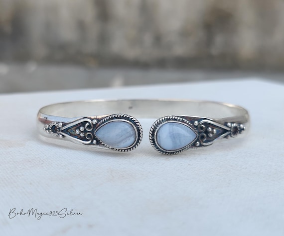 Handmade Blue Lace Agate Bangle: 925 Sterling Silver Cuff