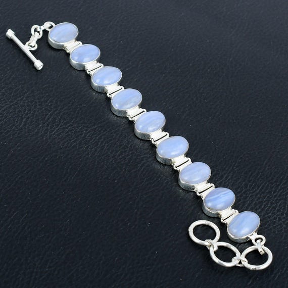 Blue Lace Agate Bracelet: Handmade 925 Sterling Silver Adjustable Chain