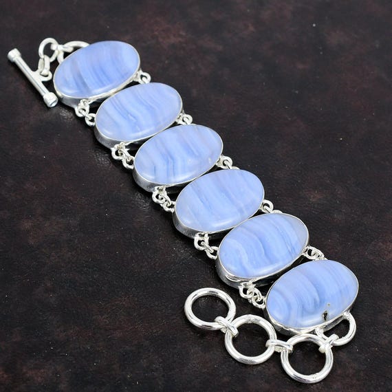 Blue Lace Agate Bracelet: Handmade 925 Sterling Silver Adjustable Chain Blue Lace Agate Bracelet: Handmade 925 Sterling Silver Adjustable Chain