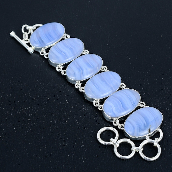 Blue Lace Agate Bracelet: Handmade 925 Sterling Silver Adjustable Chain Blue Lace Agate Bracelet: Handmade 925 Sterling Silver Adjustable Chain
