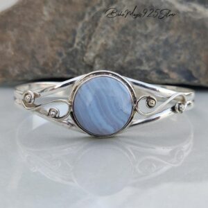 Handmade Blue Lace Agate Bangle 925 Sterling Silver Jewelry Delicate Swirl Filigree Bracelet Unique Healing Crystal Gift