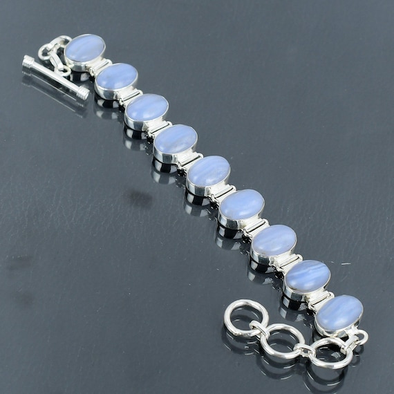 Blue Lace Agate Bracelet: Handmade 925 Sterling Silver Adjustable Chain