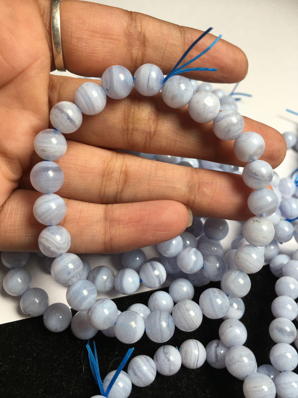 Natural Blue Lace Agate Plain Round Gemstone Beaded Bracelet, 7.5-8 Mm Stretchable Bracelet, Delicate Bracelet, November Birthstone Gift