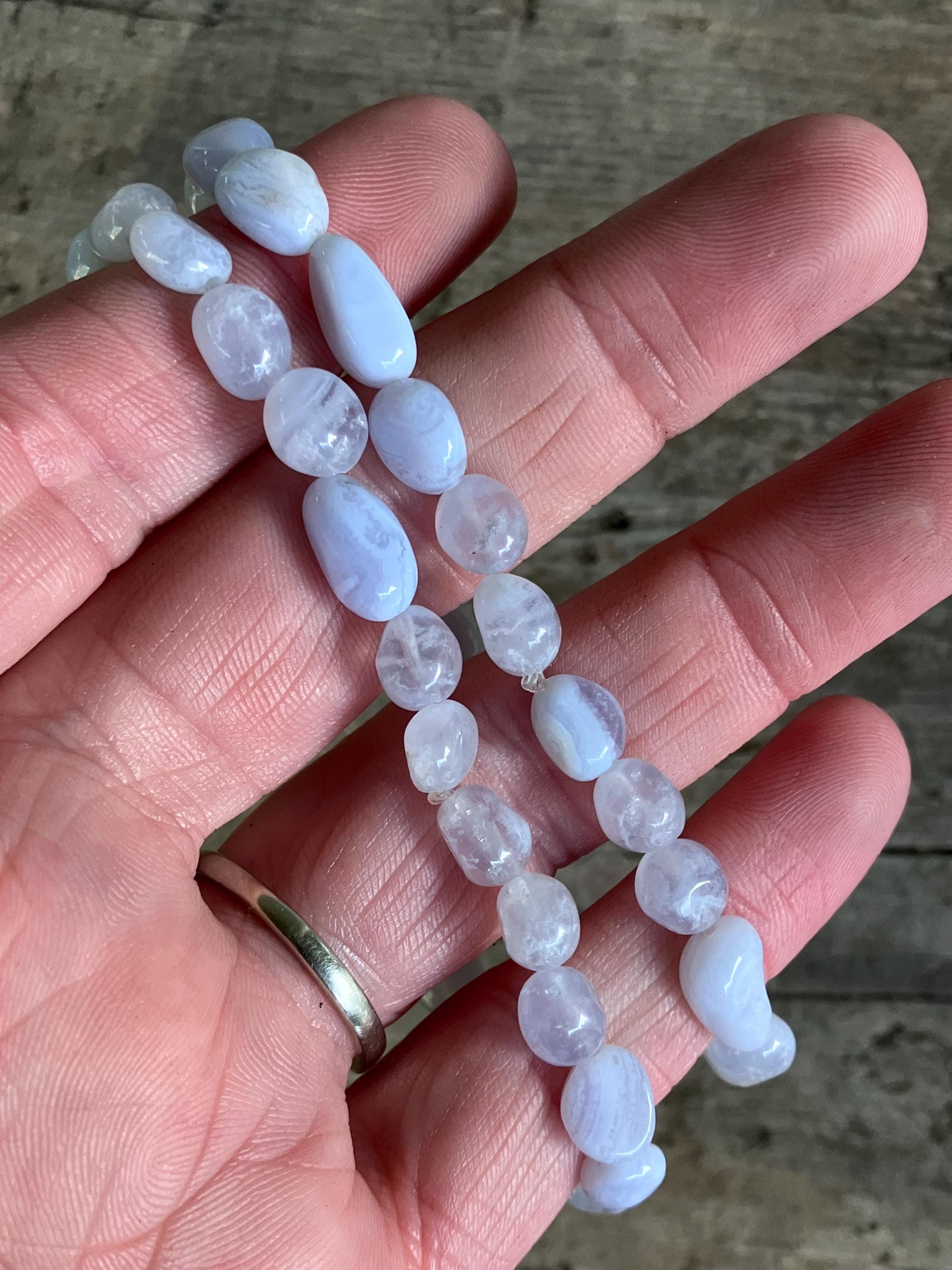 Natural Chalcedony Blue Lace Agate Pebble Gemstone Beaded Jewelry Crystal Bracelet