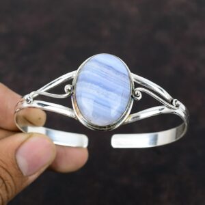 Blue Lace Agate Sterling Silver Bangle: Adjustable Gemstone Cuff Blue Lace Agate Sterling Silver Bangle: Adjustable Gemstone Cuff