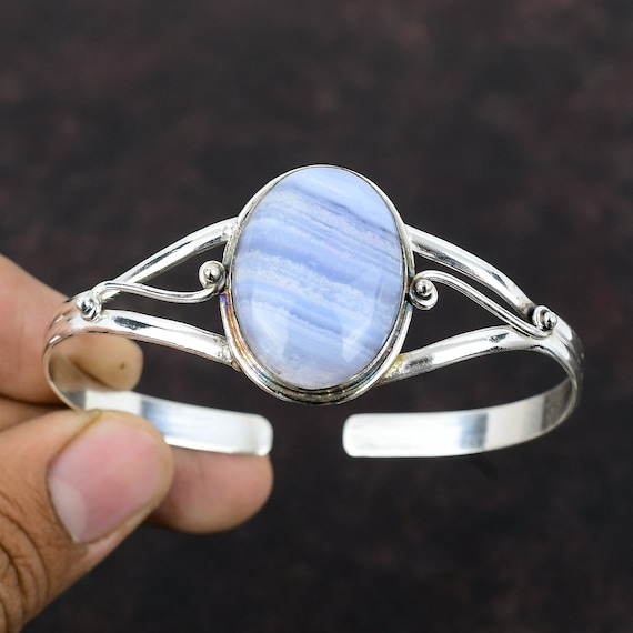 Blue Lace Agate Sterling Silver Bangle: Adjustable Gemstone Cuff Blue Lace Agate Sterling Silver Bangle: Adjustable Gemstone Cuff