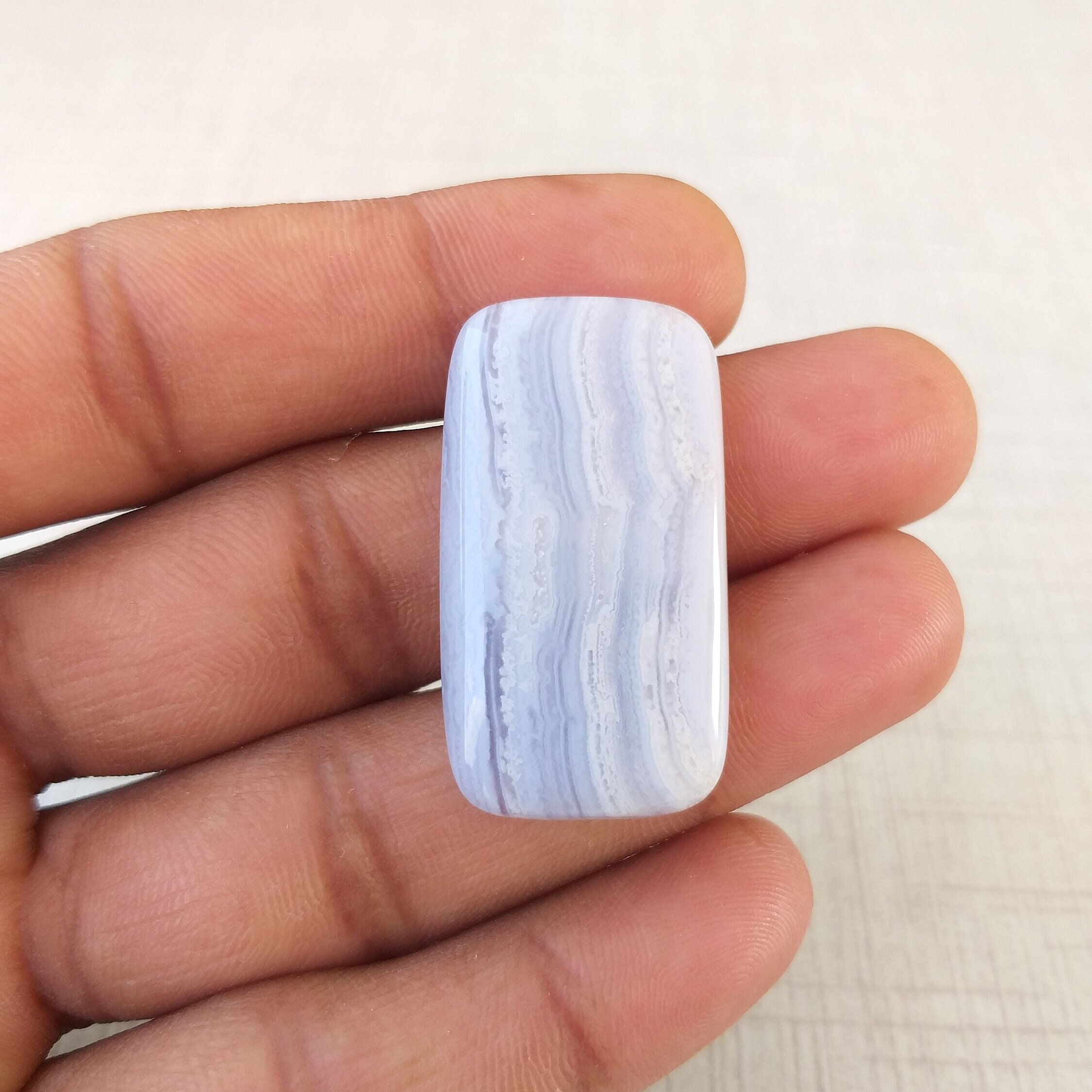 Blue Lace Agate Cabochon: Baguette Gemstone, 40 Carat Blue Lace Agate Cabochon: Baguette Gemstone, 40 Carat