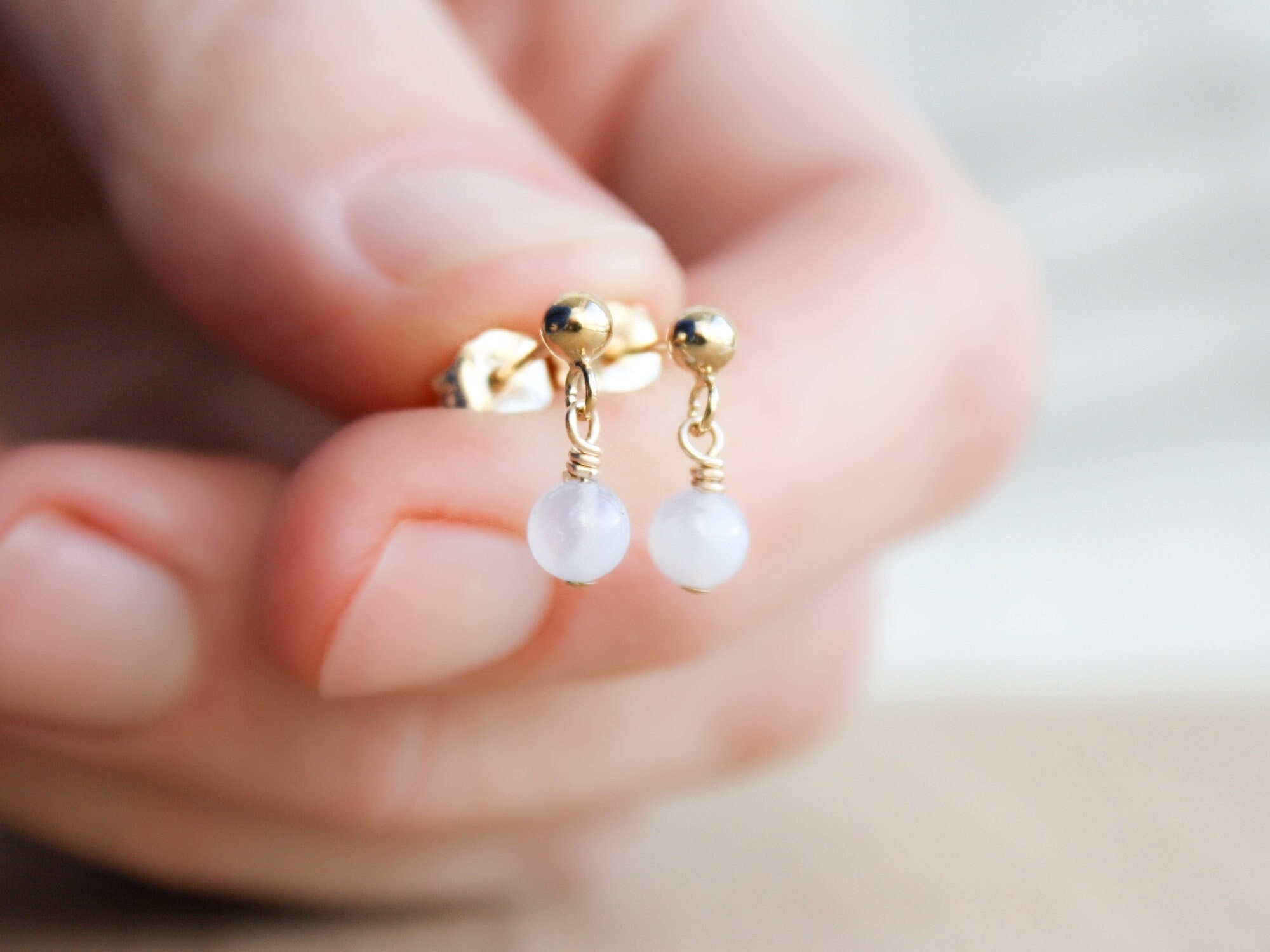 Blue Lace Agate Earrings: 14k Gold Filled Studs, Gemstone Dangle