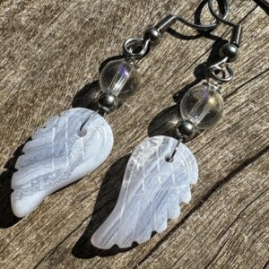 Blue Lace Agate Carved Angel Wings And Angel Aura Healing Stone Earrings With Positive Energy!
