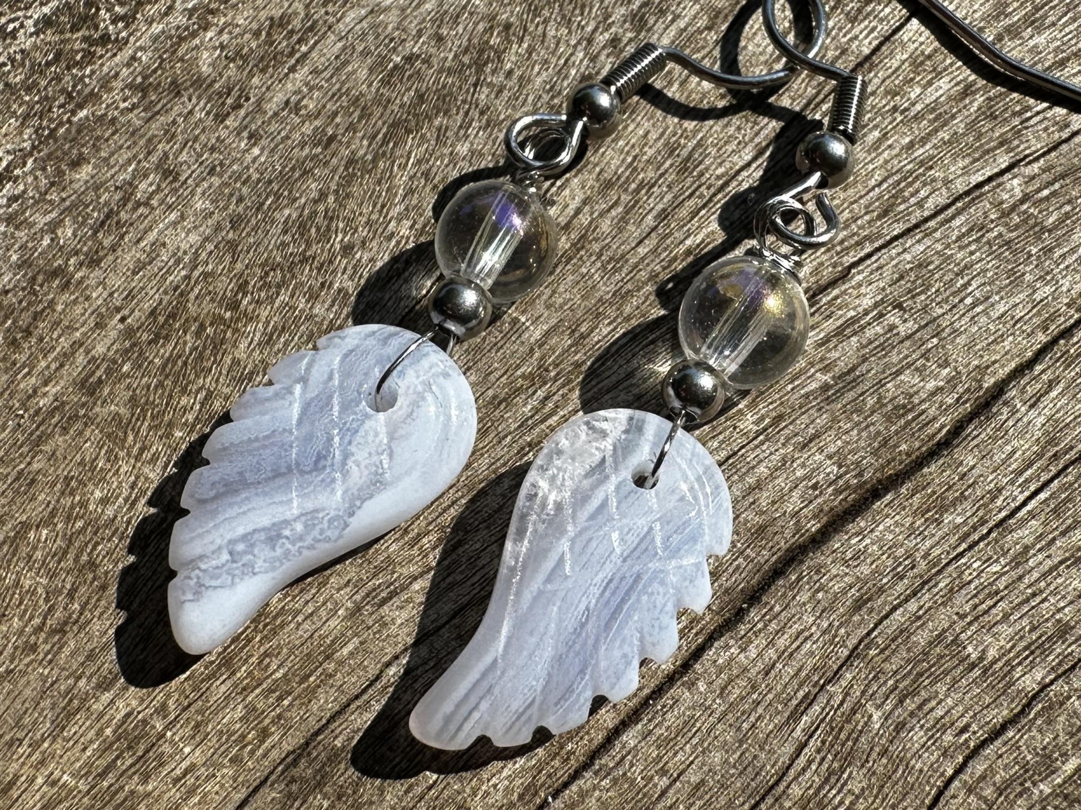 Blue Lace Agate Carved Angel Wings And Angel Aura Healing Stone Earrings With Positive Energy! Blue Lace Agate Carved Angel Wings And Angel Aura Healing Stone Earrings With Positive Energy!