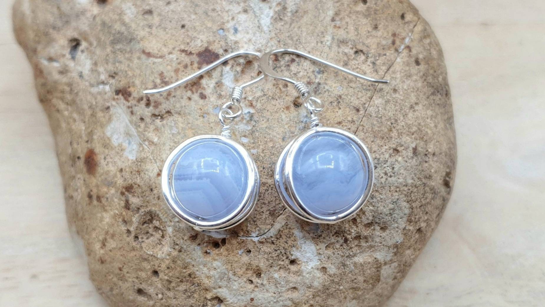 Blue Lace Agate Circle Earrings. Sterling Silver. Reiki Jewelry Uk. Gemini Jewelry. Drop, Dangle 3d Round Frame Earrings