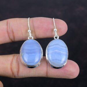 Blue Lace Agate Drop Earrings: Dainty Sterling Silver Jewelry