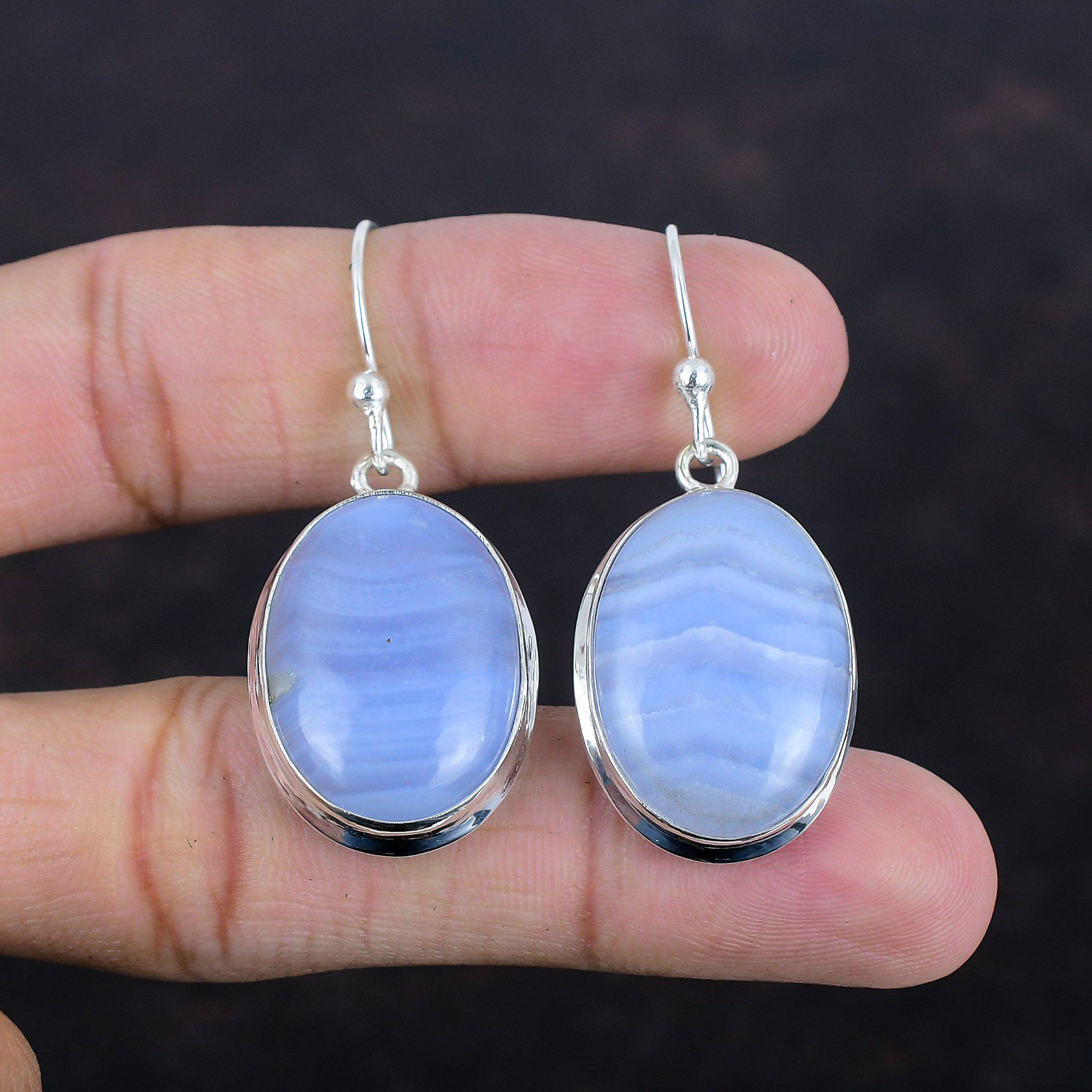 Blue Lace Agate Drop Earrings: Dainty Sterling Silver Jewelry