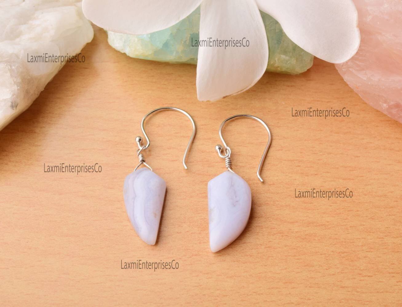Blue Lace Agate Earring In 925 Sterling Silver, Artisan Earrings, Fancy Silver Jewelry, Dainty Earring, Wire Wrap, Handmade, Gift For Her
