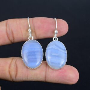 Blue Lace Agate Earrings: Handmade 925 Sterling Silver, Oval Gemstone