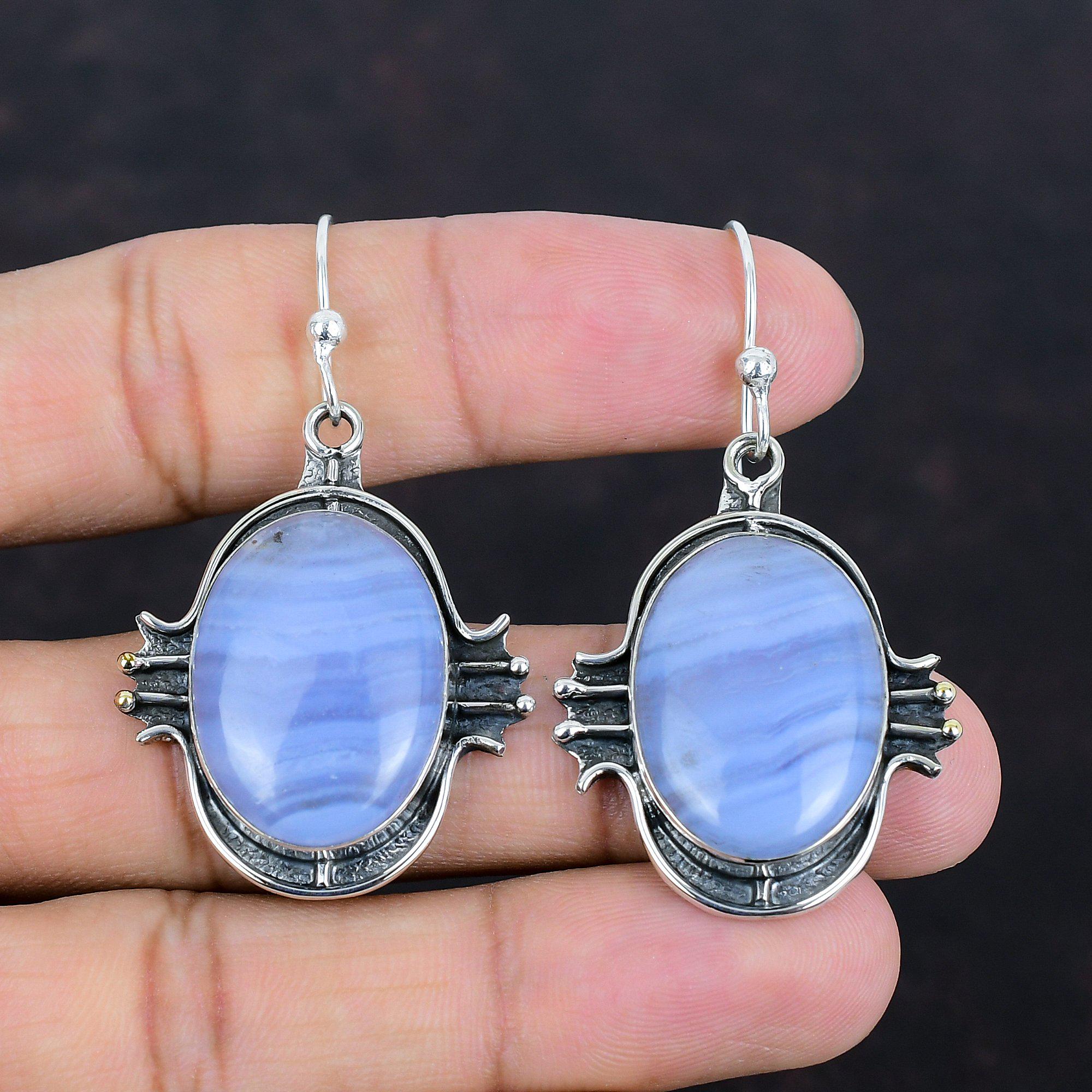 Blue Lace Agate Earrings: Handmade Sterling Silver Dangle Jewelry Blue Lace Agate Earrings: Handmade Sterling Silver Dangle Jewelry