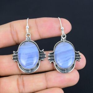 Handmade Blue Lace Agate Earrings: 925 Sterling Silver Gemstone Jewelry
