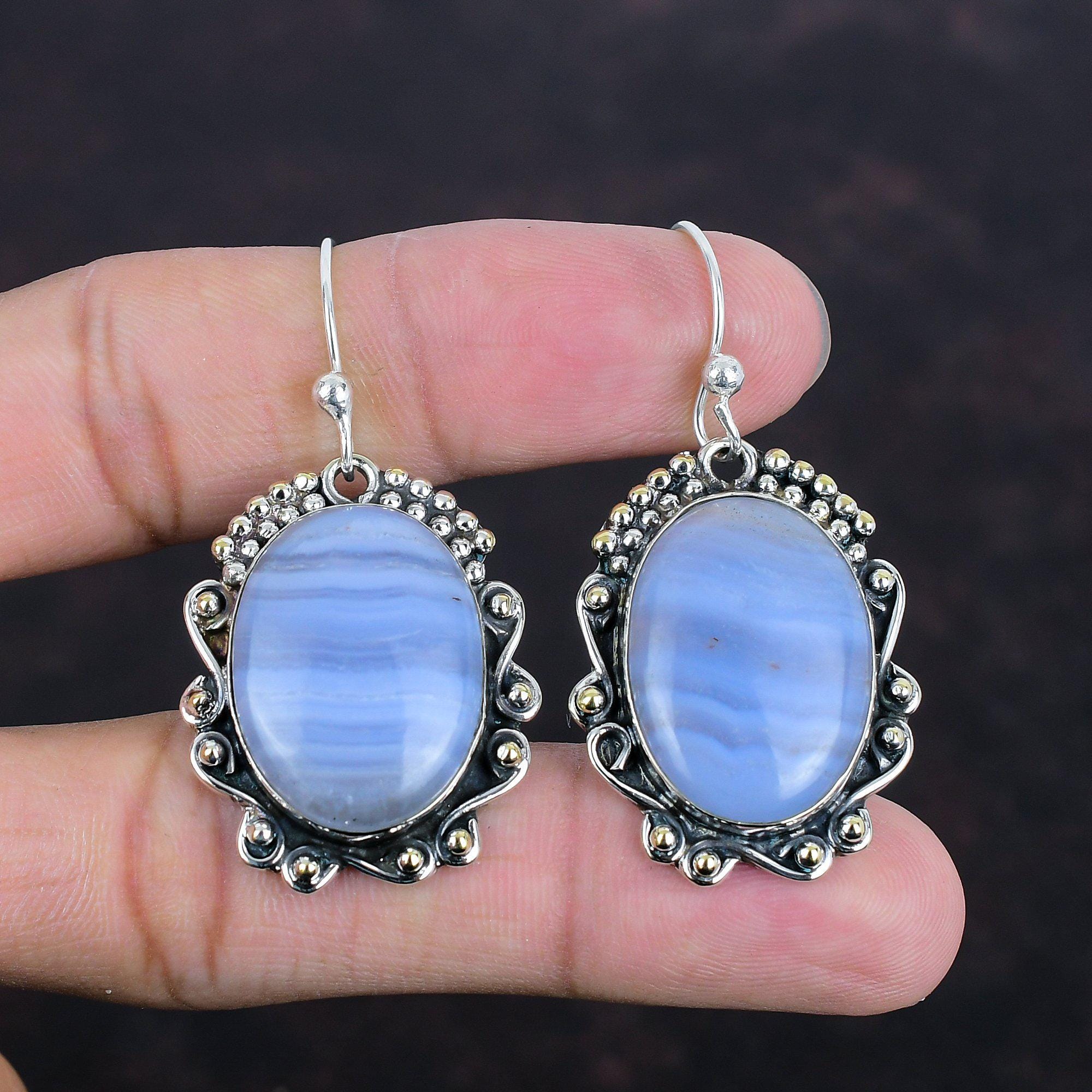 Blue Lace Agate Earrings: Handmade 925 Sterling Silver Dangle Jewelry Blue Lace Agate Earrings: Handmade 925 Sterling Silver Dangle Jewelry