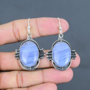 Handmade Blue Lace Agate Earrings: 925 Sterling Silver Dangle Jewelry